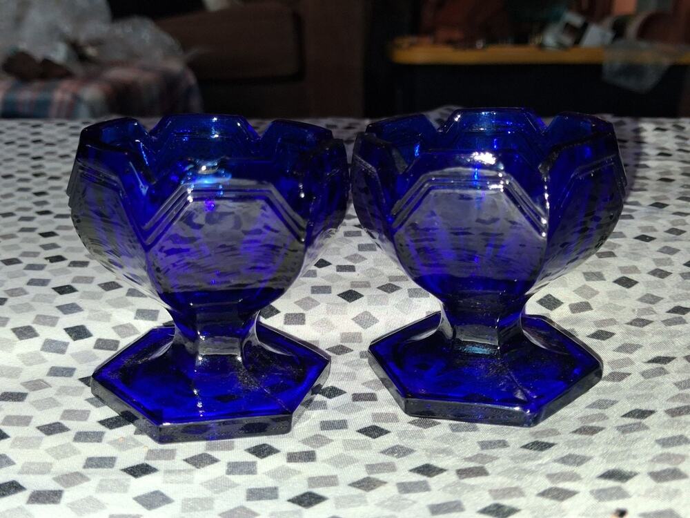 Pair Imperial Glass Cobalt Blue Anaheim 1969 Pedestal Open Salt Cellars 2.25"T